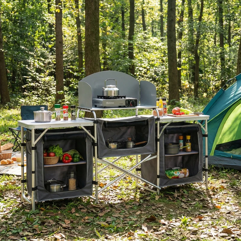 Sekey XXL Campingtisch & Campingschrank Faltbar – Campingküche mit Aluminiumgestell, Windschutz, Arbeitsfläche & 5 Staufächern, Tragbar und Zusammenklappbar