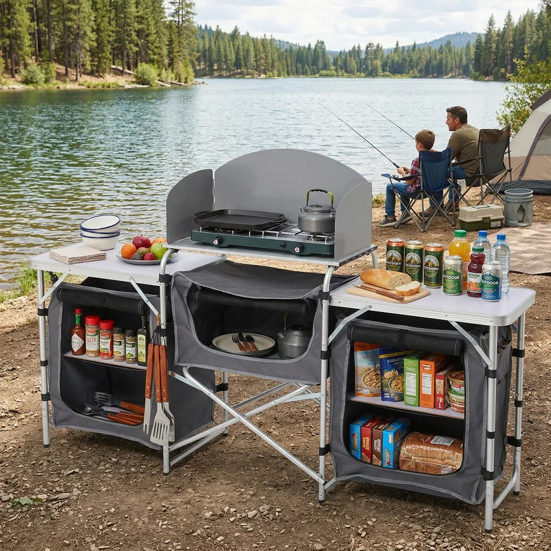 Sekey XXL Campingtisch & Campingschrank Faltbar – Campingküche mit Aluminiumgestell, Windschutz, Arbeitsfläche & 5 Staufächern, Tragbar und Zusammenklappbar