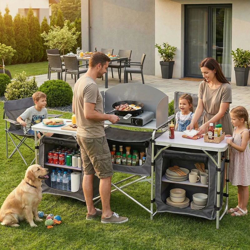 Sekey XXL Campingtisch & Campingschrank Faltbar – Campingküche mit Aluminiumgestell, Windschutz, Arbeitsfläche & 5 Staufächern, Tragbar und Zusammenklappbar