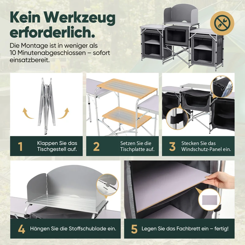 Sekey XXL Campingtisch & Campingschrank Faltbar – Campingküche mit Aluminiumgestell, Windschutz, Arbeitsfläche & 5 Staufächern, Tragbar und Zusammenklappbar