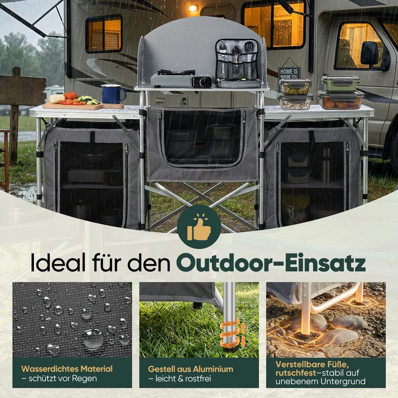 Sekey XXL Campingtisch & Campingschrank Faltbar – Campingküche mit Aluminiumgestell, Windschutz, Arbeitsfläche & 5 Staufächern, Tragbar und Zusammenklappbar