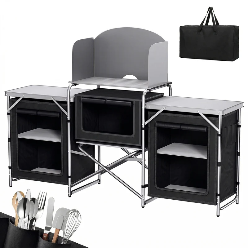 Sekey XXL Campingtisch & Campingschrank Faltbar – Campingküche mit Aluminiumgestell, Windschutz, Arbeitsfläche & 5 Staufächern, Tragbar und Zusammenklappbar