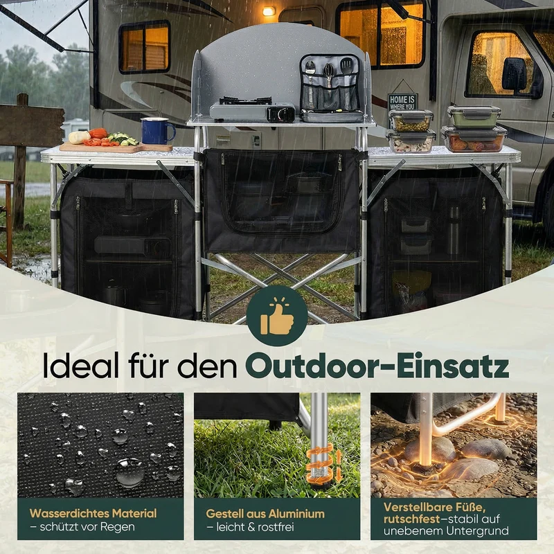 Sekey XXL Campingtisch & Campingschrank Faltbar – Campingküche mit Aluminiumgestell, Windschutz, Arbeitsfläche & 5 Staufächern, Tragbar und Zusammenklappbar