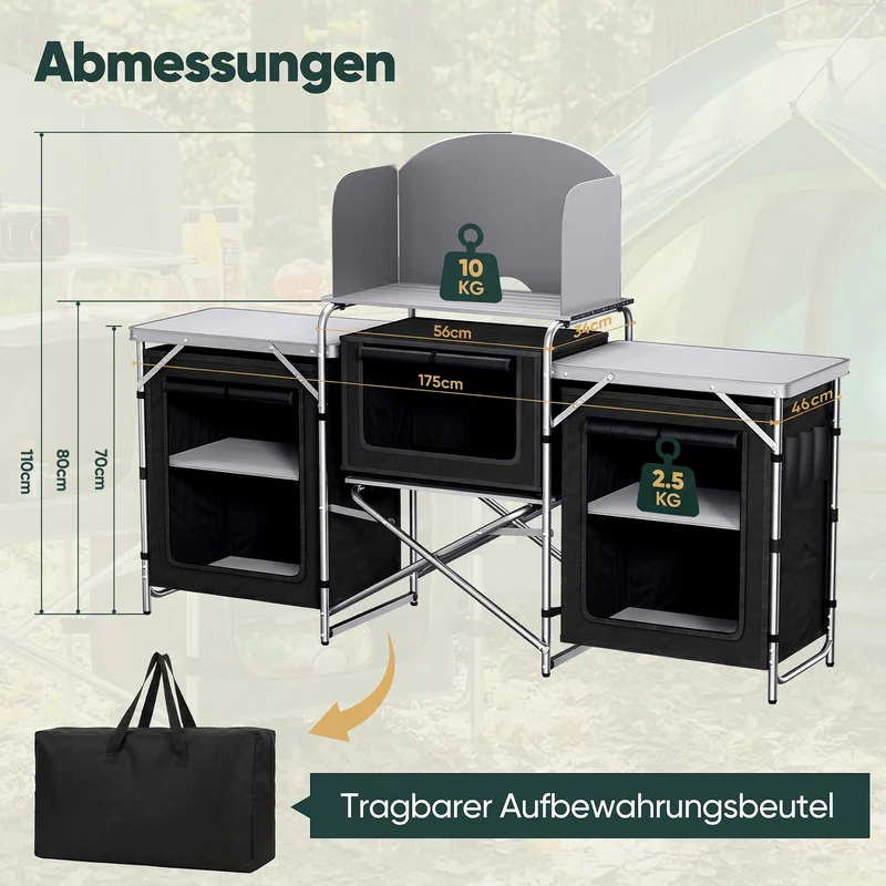 Sekey XXL Campingtisch & Campingschrank Faltbar – Campingküche mit Aluminiumgestell, Windschutz, Arbeitsfläche & 5 Staufächern, Tragbar und Zusammenklappbar