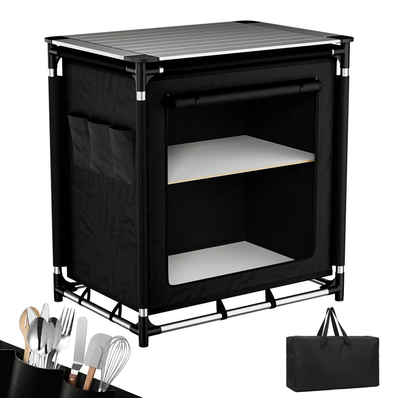 Sekey Campingschrank Faltbar 77x52x76 cm – Campingküche mit Aluminiumgestell & Arbeitsfläche, Tragbar, 2 Stofffächer, Outdoor Tisch