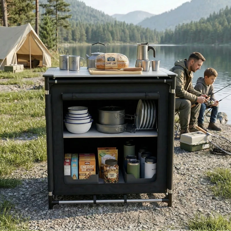 Sekey Campingschrank Faltbar 77x52x76 cm – Campingküche mit Aluminiumgestell & Arbeitsfläche, Tragbar, 2 Stofffächer, Outdoor Tisch