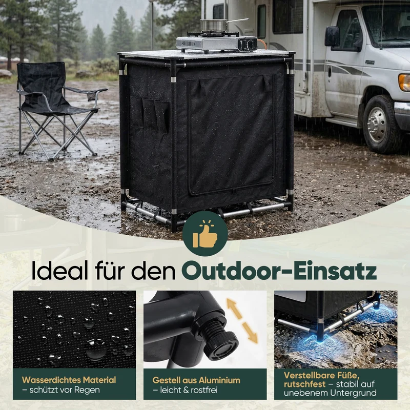Sekey Campingschrank Faltbar 77x52x76 cm – Campingküche mit Aluminiumgestell & Arbeitsfläche, Tragbar, 2 Stofffächer, Outdoor Tisch