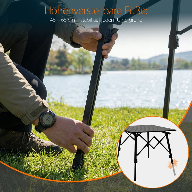 Sekey Campingtisch Aluminium Faltbar 72x69 cm – Ultraleichter Klapptisch Höhenverstellbar 46–66 cm, Wetterfest Balkontisch & Gartentisch mit Tragetasche