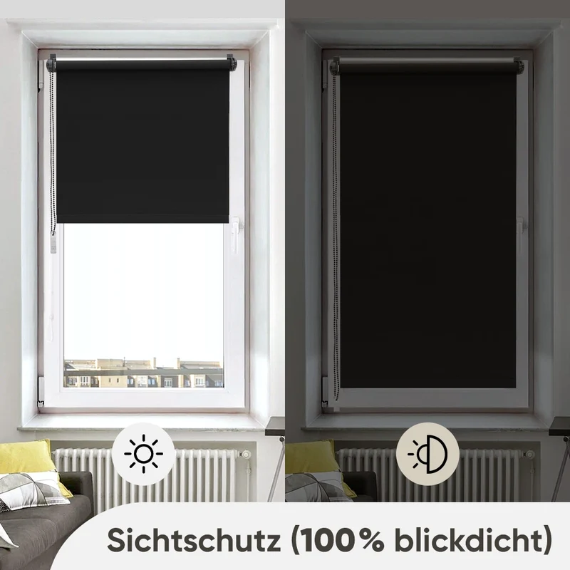 Sekey Verdunkelungsrollo ohne Bohren – Klemmfix Seitenzugrollo blickdicht & UV-Schutz, Sonnenschutz & Sichtschutz für Fenster, schwarz