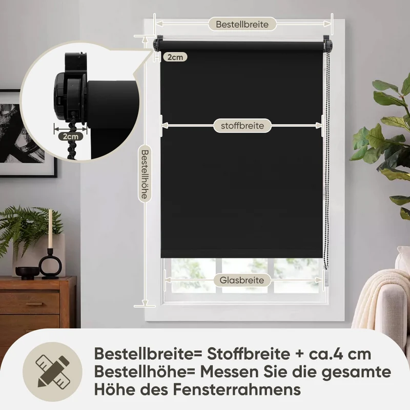Sekey Verdunkelungsrollo ohne Bohren – Klemmfix Seitenzugrollo blickdicht & UV-Schutz, Sonnenschutz & Sichtschutz für Fenster, schwarz