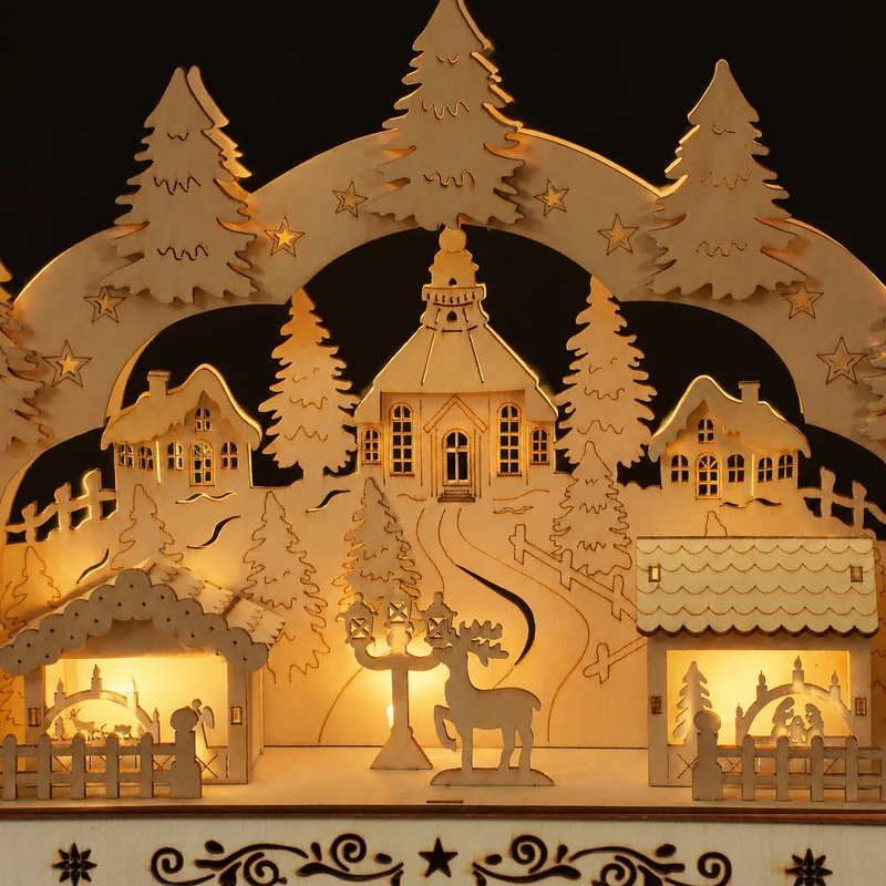 Salcar LED Schwibbogen aus Holz, 3D Weihnachtsdeko mit Fachwerkhäusern, Turm & Tannen, 10 warmweiße LEDs, batteriebetriebener Lichterbogen für Fensterbank & Sideboard