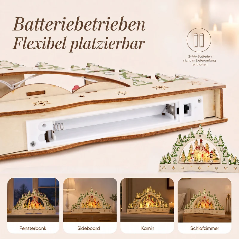 Salcar LED Schwibbogen aus Holz, 3D Weihnachtsdeko mit verschneiter Altstadt und Fachwerkhäusern, 13 warmweiße LEDs, batteriebetriebener Lichterbogen für Tisch, Fensterbank & Sideboard
