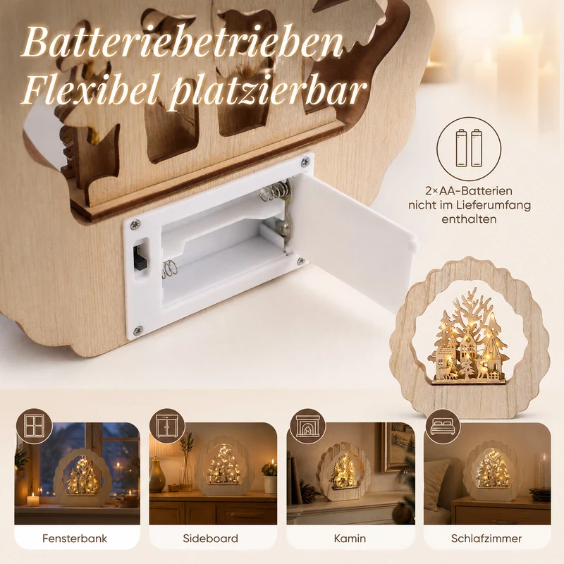 Salcar LED Schwibbogen aus Holz, 3D Weihnachtsdeko mit Weihnachtsdorf, 20 warmweiße LEDs, batteriebetriebener Lichterbogen für Fensterbank, Regal & Sideboard
