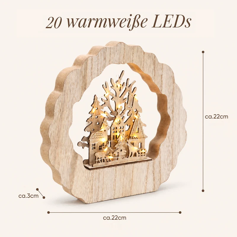 Salcar LED Schwibbogen aus Holz, 3D Weihnachtsdeko mit Weihnachtsdorf, 20 warmweiße LEDs, batteriebetriebener Lichterbogen für Fensterbank, Regal & Sideboard