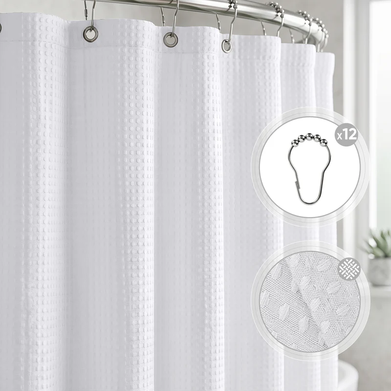 Sekey Weiß Duschvorhang 180 × 200 cm, Textil Badewannenvorhang mit Waffelstruktur, Wasserabweisend & Waschbar, 100 % Polyester, mit Beschwerungsband & 12 Edelstahlringen（副本）