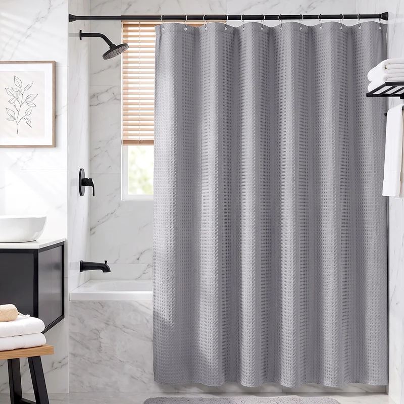 Sekey Grau Duschvorhang 180 × 200 cm, Textil Badewannenvorhang mit Waffelstruktur, Wasserabweisend & Waschbar, 100 % Polyester, mit Beschwerungsband & 12 Edelstahlringen