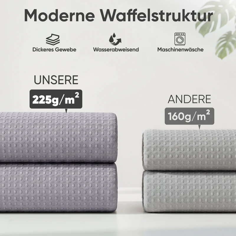 Sekey Grau Duschvorhang 180 × 200 cm, Textil Badewannenvorhang mit Waffelstruktur, Wasserabweisend & Waschbar, 100 % Polyester, mit Beschwerungsband & 12 Edelstahlringen