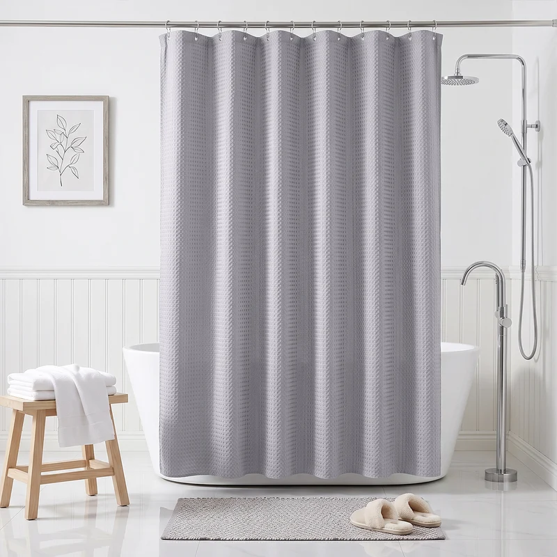 Sekey Grau Duschvorhang 180 × 200 cm, Textil Badewannenvorhang mit Waffelstruktur, Wasserabweisend & Waschbar, 100 % Polyester, mit Beschwerungsband & 12 Edelstahlringen