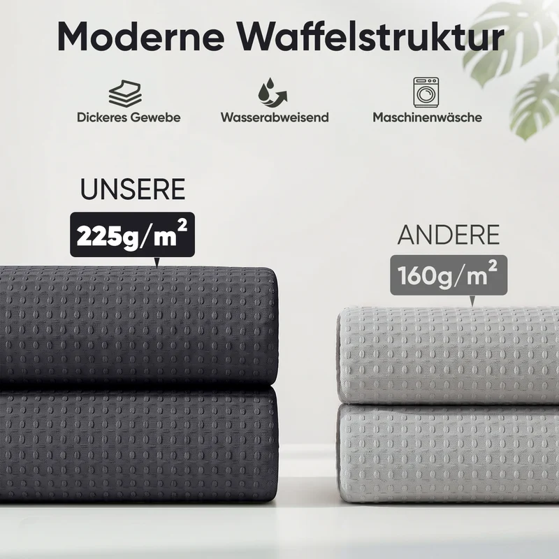 Sekey Schwarz Duschvorhang 180 × 200 cm, Textil Badewannenvorhang mit Waffelstruktur, Wasserabweisend & Waschbar, 100 % Polyester, mit Beschwerungsband & 12 Edelstahlringen