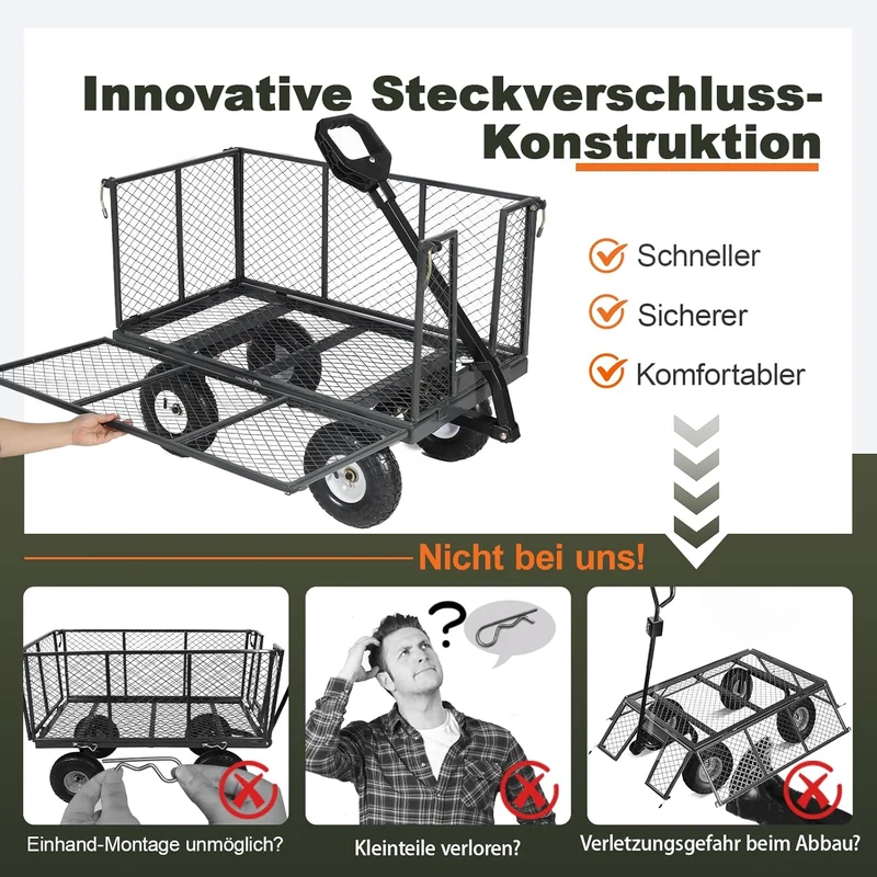 Sekey 3-in-1 Bollerwagen 500 kg – Gartenwagen mit abnehmbaren Seitenwänden & 10-Zoll-Gummireifen, leise & rostfrei, schnelle Montage in 8 Minuten, Plattform- & Transportwagen