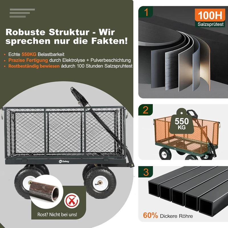Sekey 3-in-1 Bollerwagen 500 kg – Gartenwagen mit abnehmbaren Seitenwänden & 10-Zoll-Gummireifen, leise & rostfrei, schnelle Montage in 8 Minuten, Plattform- & Transportwagen