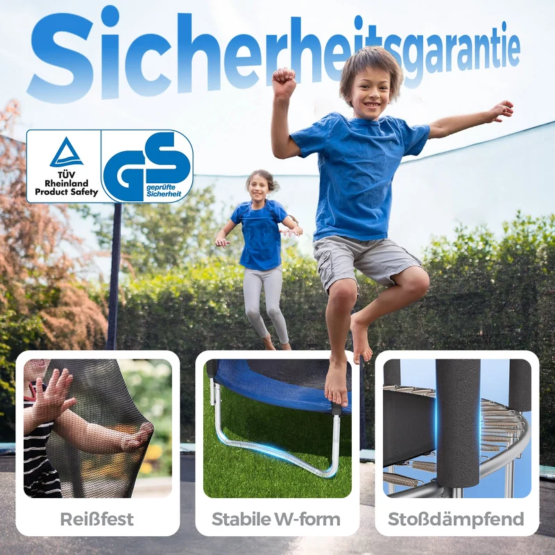 Sekey Trampolin Ø 366 cm für Garten – TÜV/GS-zertifiziertes Outdoor Trampolin mit Sicherheitsnetz, W-Beinen & Leiter – wetterfest & kindersicher, bis 150 kg belastbar