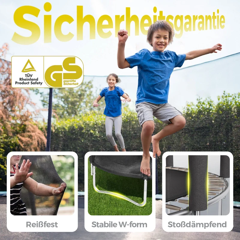 Sekey Trampolin Ø 366 cm für Garten – TÜV/GS-zertifiziertes Outdoor Trampolin mit Sicherheitsnetz, W-Beinen & Leiter – wetterfest & kindersicher, bis 150 kg belastbar