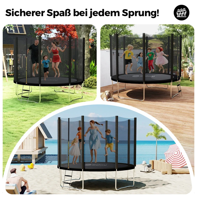 Sekey Trampolin Ø 366 cm für Garten – TÜV/GS-zertifiziertes Outdoor Trampolin mit Sicherheitsnetz, W-Beinen & Leiter – wetterfest & kindersicher, bis 150 kg belastbar