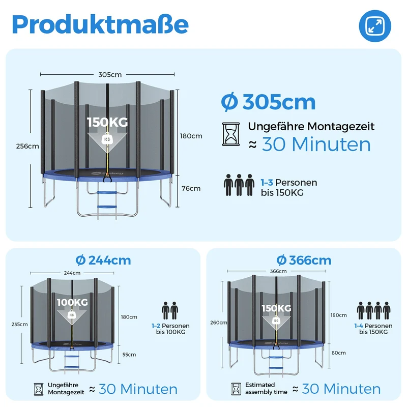 Sekey Trampolin Ø 305 cm für den Garten – TÜV/GS-zertifiziertes Outdoor Trampolin mit Sicherheitsnetz, W-Beinen & Leiter – bis 150 kg belastbar, wetterfest & kindersicher