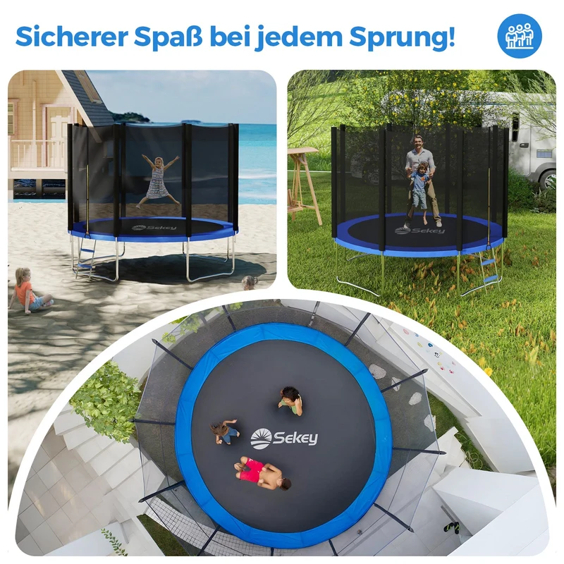 Sekey Trampolin Ø 305 cm für den Garten – TÜV/GS-zertifiziertes Outdoor Trampolin mit Sicherheitsnetz, W-Beinen & Leiter – bis 150 kg belastbar, wetterfest & kindersicher