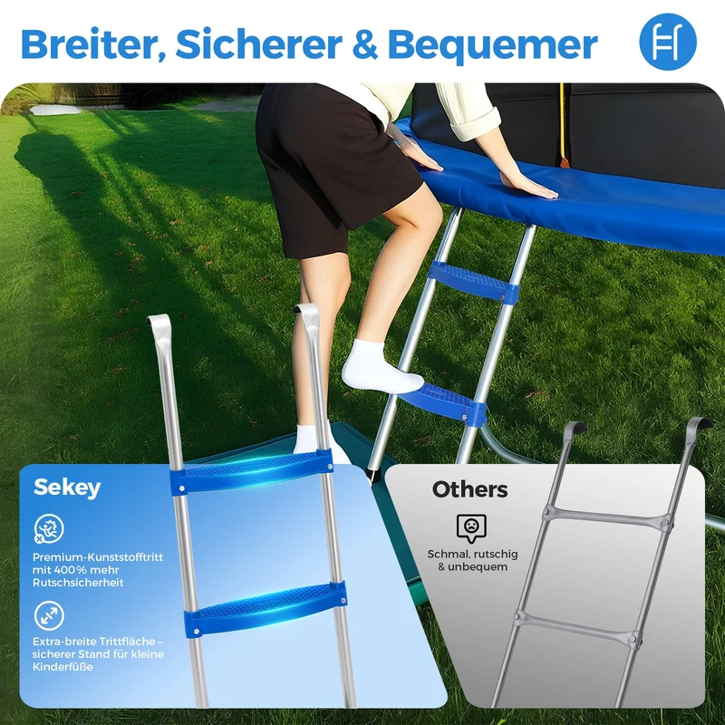 Sekey Trampolin Ø 305 cm für den Garten – TÜV/GS-zertifiziertes Outdoor Trampolin mit Sicherheitsnetz, W-Beinen & Leiter – bis 150 kg belastbar, wetterfest & kindersicher