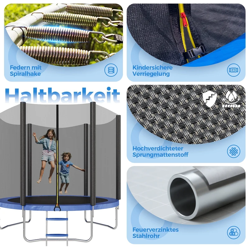 Sekey Trampolin Ø 305 cm für den Garten – TÜV/GS-zertifiziertes Outdoor Trampolin mit Sicherheitsnetz, W-Beinen & Leiter – bis 150 kg belastbar, wetterfest & kindersicher