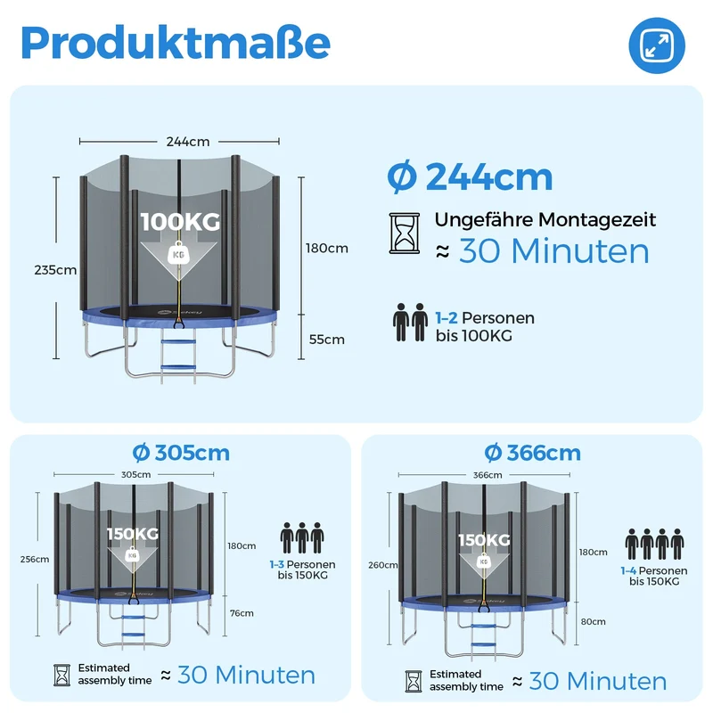 Sekey Trampolin Ø 244 cm für Garten – TÜV/GS-zertifiziertes Outdoor Trampolin mit Sicherheitsnetz, W-Beinen & Leiter – Wetterfest & stabil für Kinder ab 3 Jahren