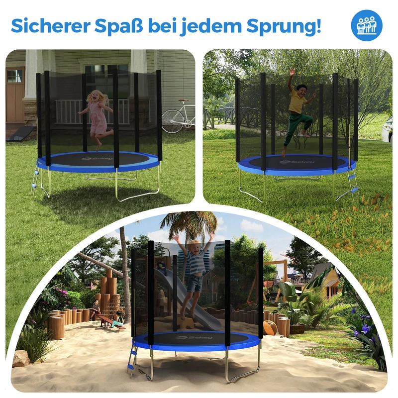 Sekey Trampolin Ø 244 cm für Garten – TÜV/GS-zertifiziertes Outdoor Trampolin mit Sicherheitsnetz, W-Beinen & Leiter – Wetterfest & stabil für Kinder ab 3 Jahren