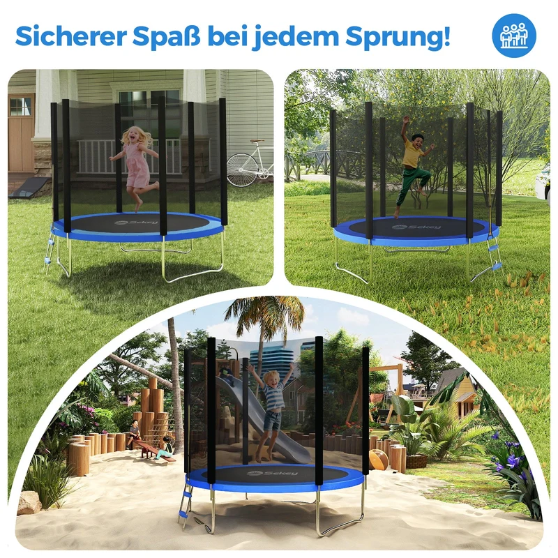 Sekey Trampolin Ø 244 cm für Garten – TÜV/GS-zertifiziertes Outdoor Trampolin mit Sicherheitsnetz, W-Beinen & Leiter – Wetterfest & stabil für Kinder ab 3 Jahren