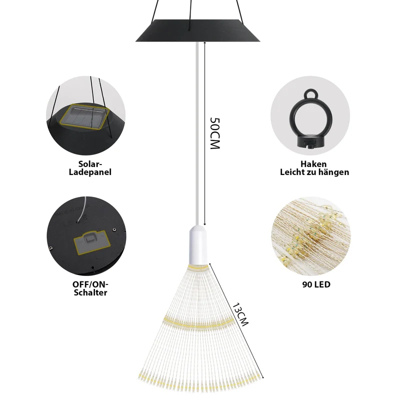 Salcar Solar LED Feuerwerkslichter warmweiß – 90 LEDs, IP44 wasserdicht, mit Haken, Automatik & Blinkmodus, 50 cm Deko für Garten, Balkon & Weihnachten