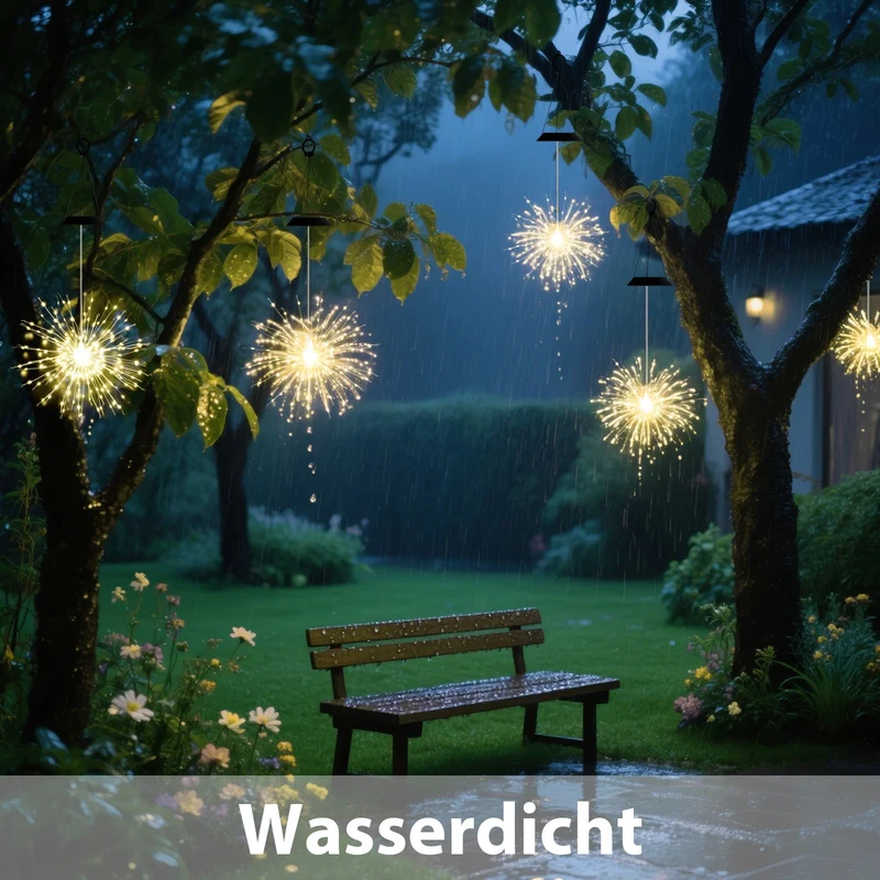 Salcar Solar LED Feuerwerkslichter warmweiß – 90 LEDs, IP44 wasserdicht, mit Haken, Automatik & Blinkmodus, 50 cm Deko für Garten, Balkon & Weihnachten