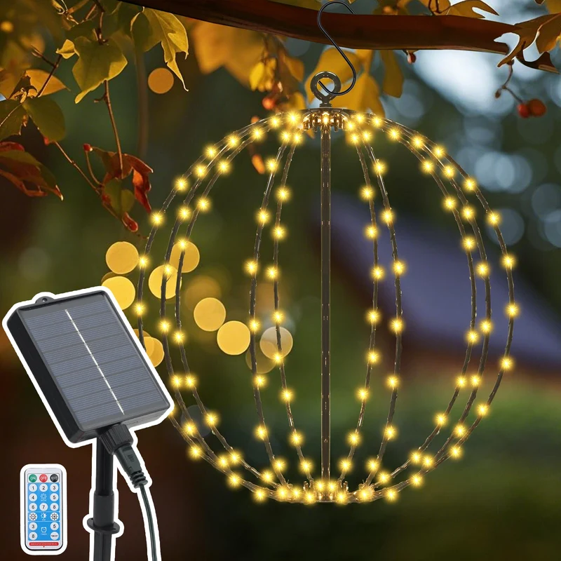 Salcar Solar LED Kugel Lichterkette warmweiß – 30 cm Ø mit 120 LEDs, 8 Modi & Fernbedienung, USB & Solar, IP44 wasserdicht, für Garten & Weihnachten
