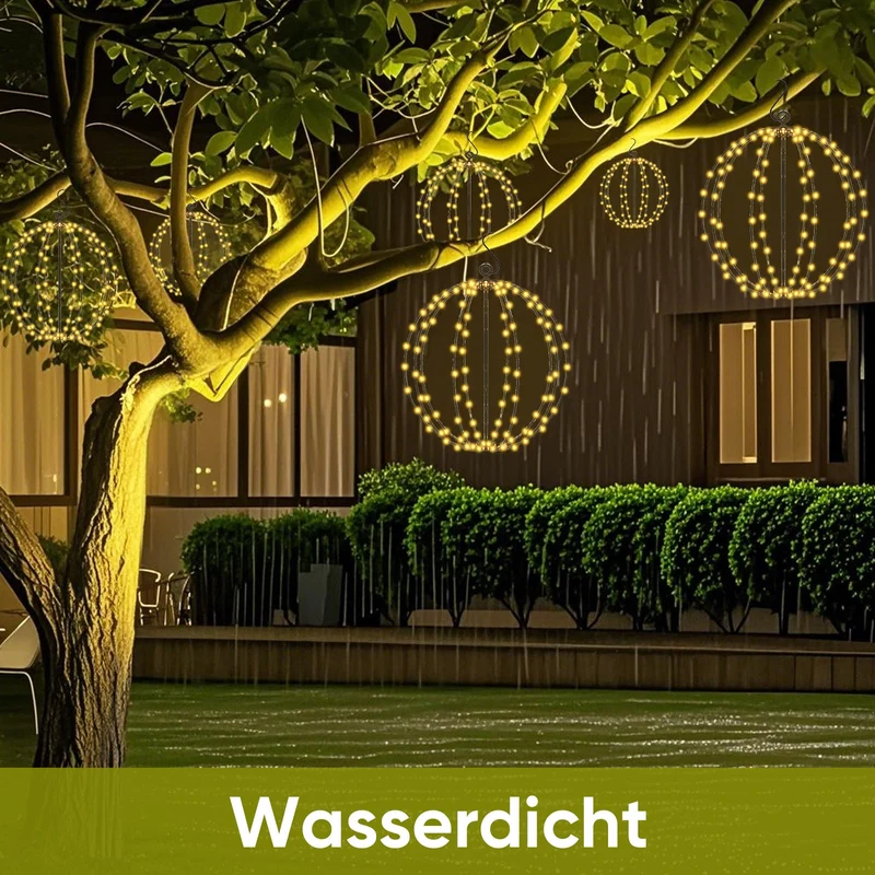 Salcar Solar LED Kugel Lichterkette warmweiß – 30 cm Ø mit 120 LEDs, 8 Modi & Fernbedienung, USB & Solar, IP44 wasserdicht, für Garten & Weihnachten
