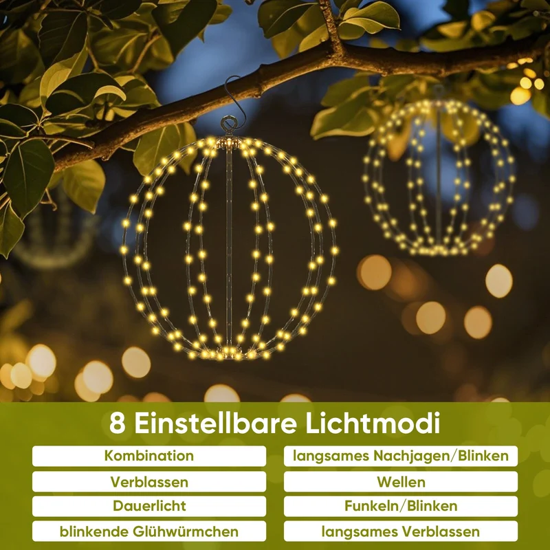 Salcar Solar LED Kugel Lichterkette warmweiß – 30 cm Ø mit 120 LEDs, 8 Modi & Fernbedienung, USB & Solar, IP44 wasserdicht, für Garten & Weihnachten