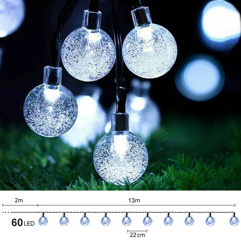 Salcar Solar LED Lichterkette kaltweiß – 15m Kristallkugeln, IP44 wasserdicht, Außenbeleuchtung für Garten, Terrasse, Weihnachten & Partydeko