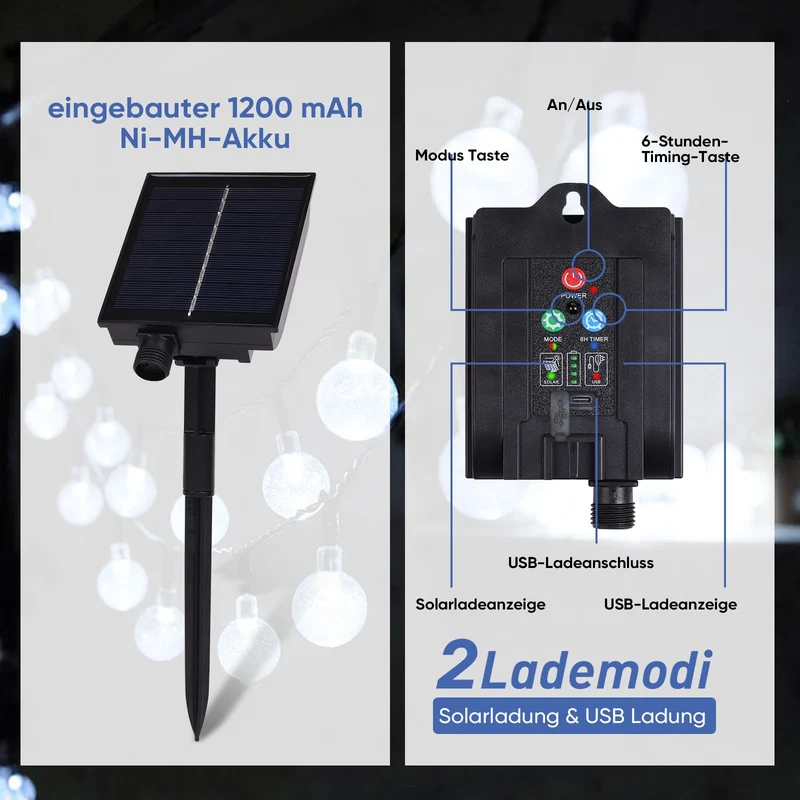 Salcar Solar LED Lichterkette kaltweiß – 15m Kristallkugeln, IP44 wasserdicht, Außenbeleuchtung für Garten, Terrasse, Weihnachten & Partydeko