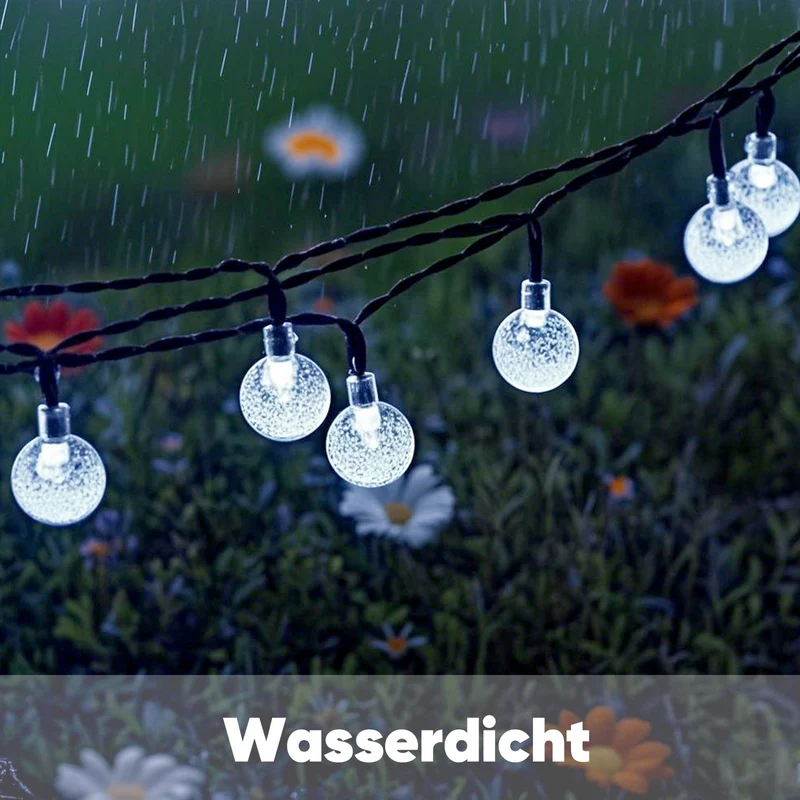 Salcar Solar LED Lichterkette kaltweiß – 15m Kristallkugeln, IP44 wasserdicht, Außenbeleuchtung für Garten, Terrasse, Weihnachten & Partydeko