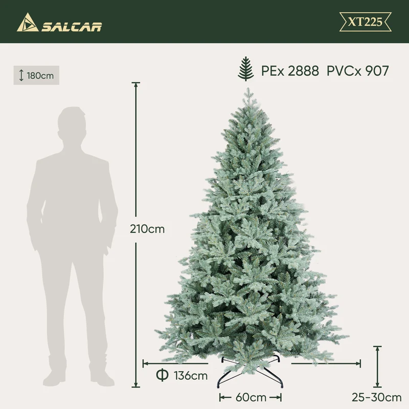 Salcar Künstlicher Weihnachtsbaum aus PE & unsichtbaren PVC-Spitzen – Natürliche graugrüne Tanne mit Schnellaufbau-Klappsystem & stabilem Metallständer (150 cm / 180 cm / 210 cm)