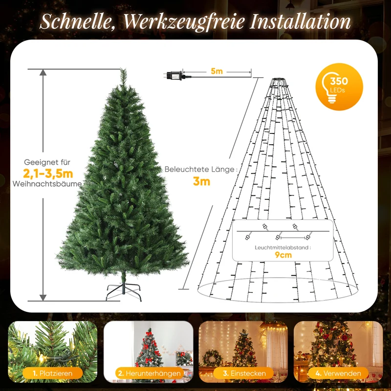 Salcar Weihnachtsbaum Lichterkette mit Ring & Girlanden – Warmweiß & Bunt, 9 Modi, Timer & Speicherfunktion, IP44 Wasserdicht – Für 0,9m bis 3,5m Tannenbäume