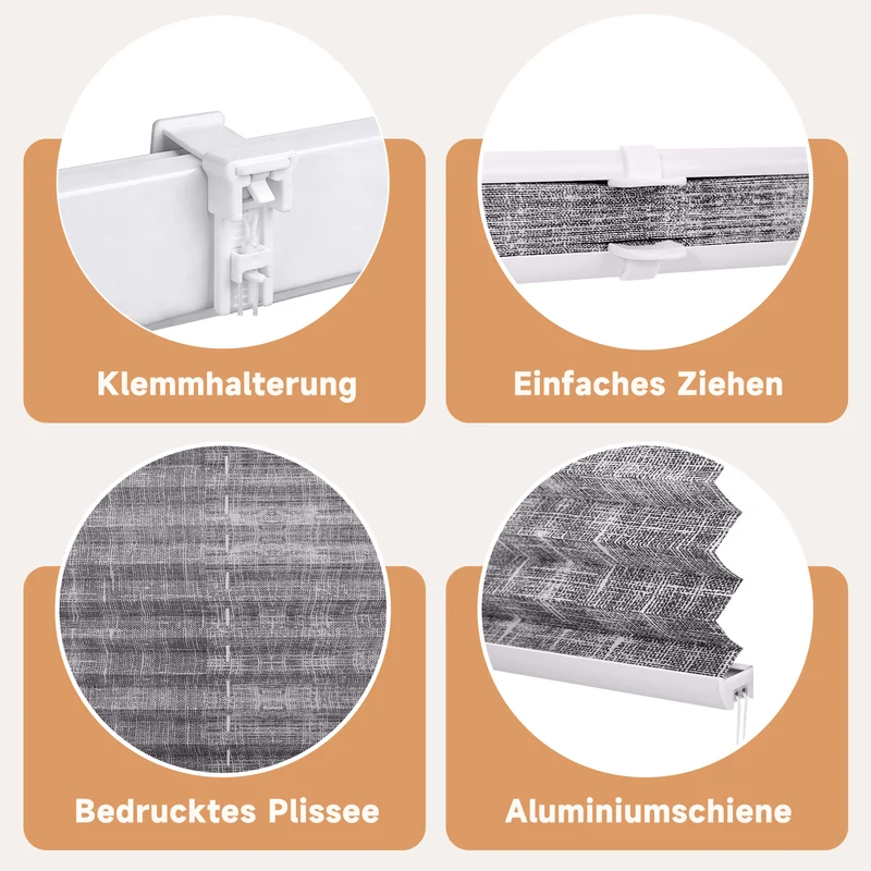 Sekey Plissee ohne Bohren, Lichtschutz Rollo Klemmfix aus Vliesstoff für Fenster & Türen, in dunkelgrau