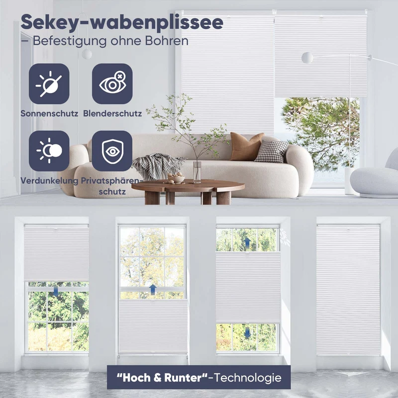 Sekey Plissee ohne Bohren Verdunkelungsplissee mit glatter, sichtlochfreier Vorderseite, flexibel von oben & unten verstellbar