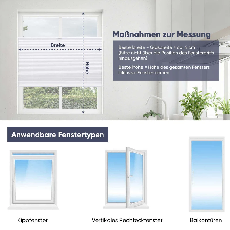 Sekey Plissee ohne Bohren Verdunkelungsplissee mit glatter, sichtlochfreier Vorderseite, flexibel von oben & unten verstellbar