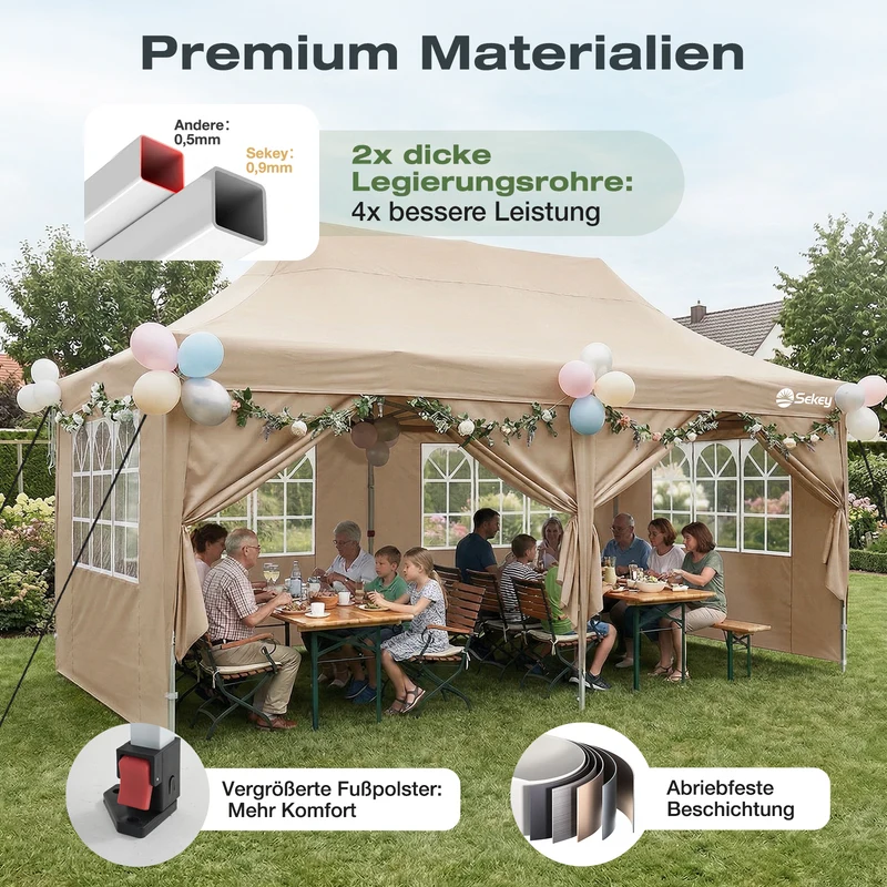 Sekey 3x6m Faltpavillon mit Seitenwand – Pop-Up Pavillon Wasserdicht (PU1000+) & UV50+, Stabil & Winterfest, Gartenpavillon mit hoher Spitze für Party, Camping & Events