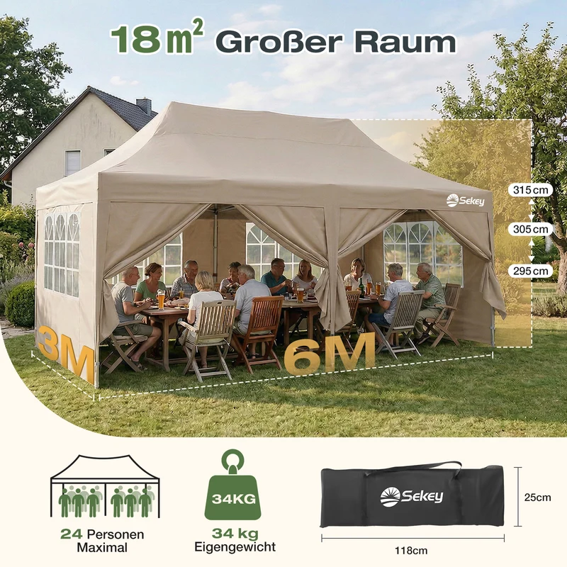 Sekey 3x6m Faltpavillon mit Seitenwand – Pop-Up Pavillon Wasserdicht (PU1000+) & UV50+, Stabil & Winterfest, Gartenpavillon mit hoher Spitze für Party, Camping & Events